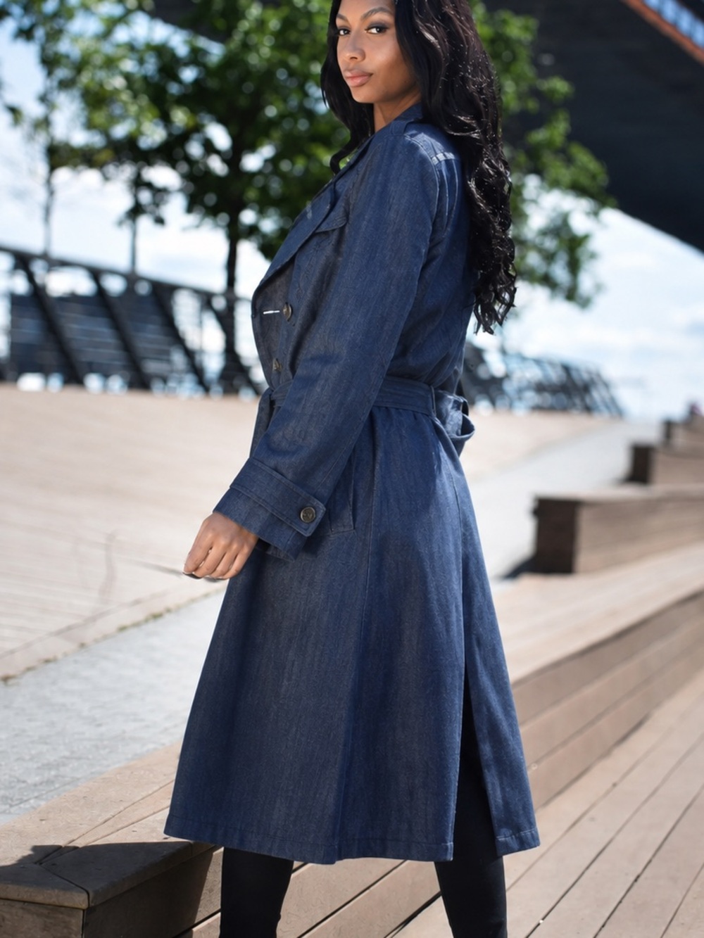 White House Black Market Soft Denim Trenchcoat Blue Double Breasted Belted S